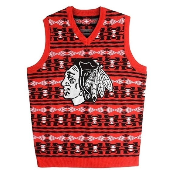 NHL Licensed Blackhawks Aztec Ugly Sweater Vest Black Red Size M - Picture 1 of 8